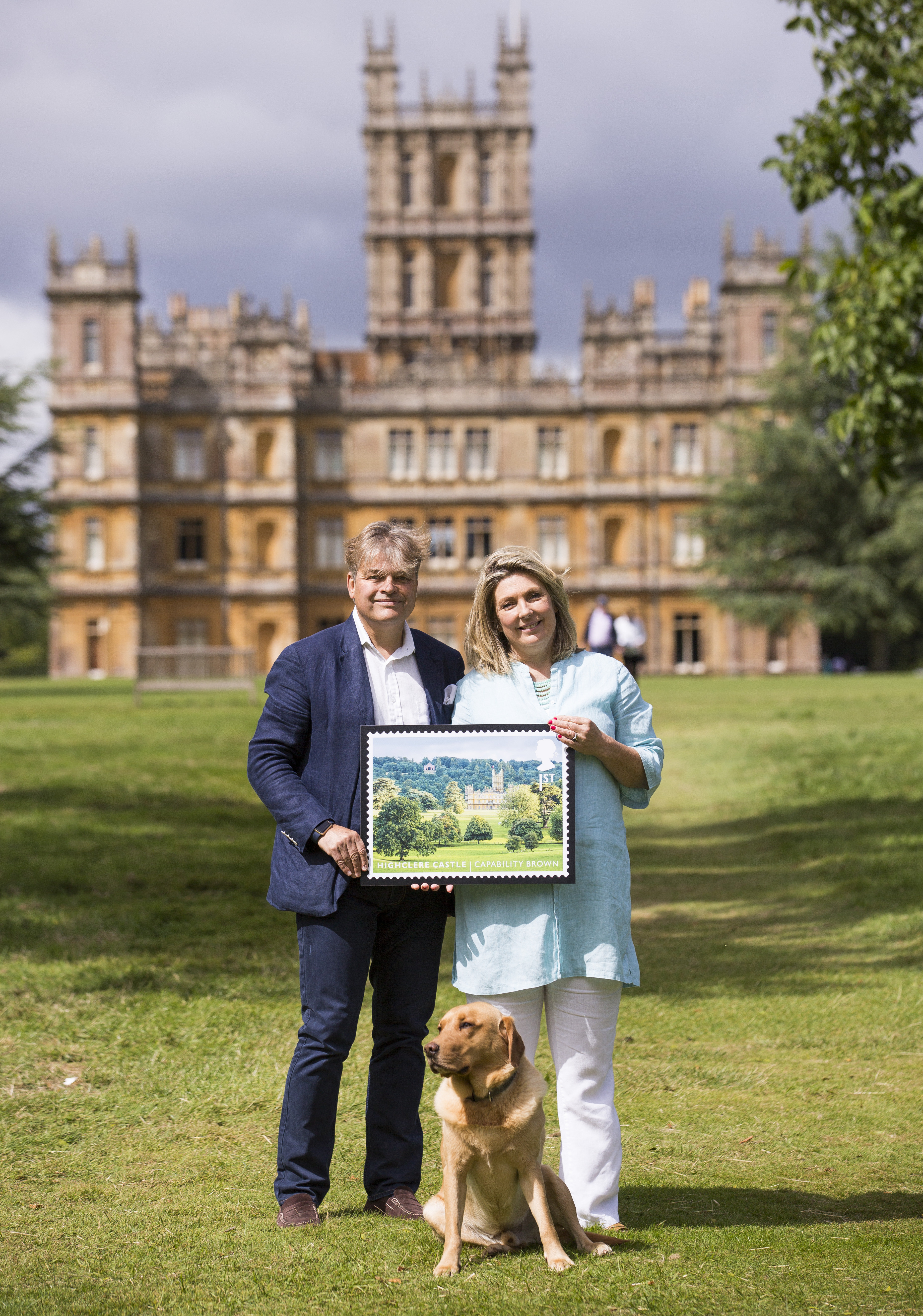 Royal Mail Highclere Castle Stamp launch Earl of Carnarvon, George Herbert, and Countess of Carnarvon, Lady Fiona at Highclere Castle. August 3 2016.